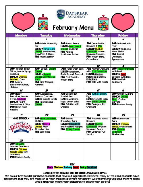 A menu of the month club for february